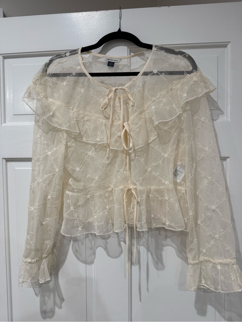 American Eagle Outfitters Cream Sheer Ruffle Tie-Front Blouse